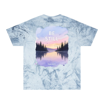 Be Still Scenic T-Shirt — Psalm 46:10 Sunset Lake Tee