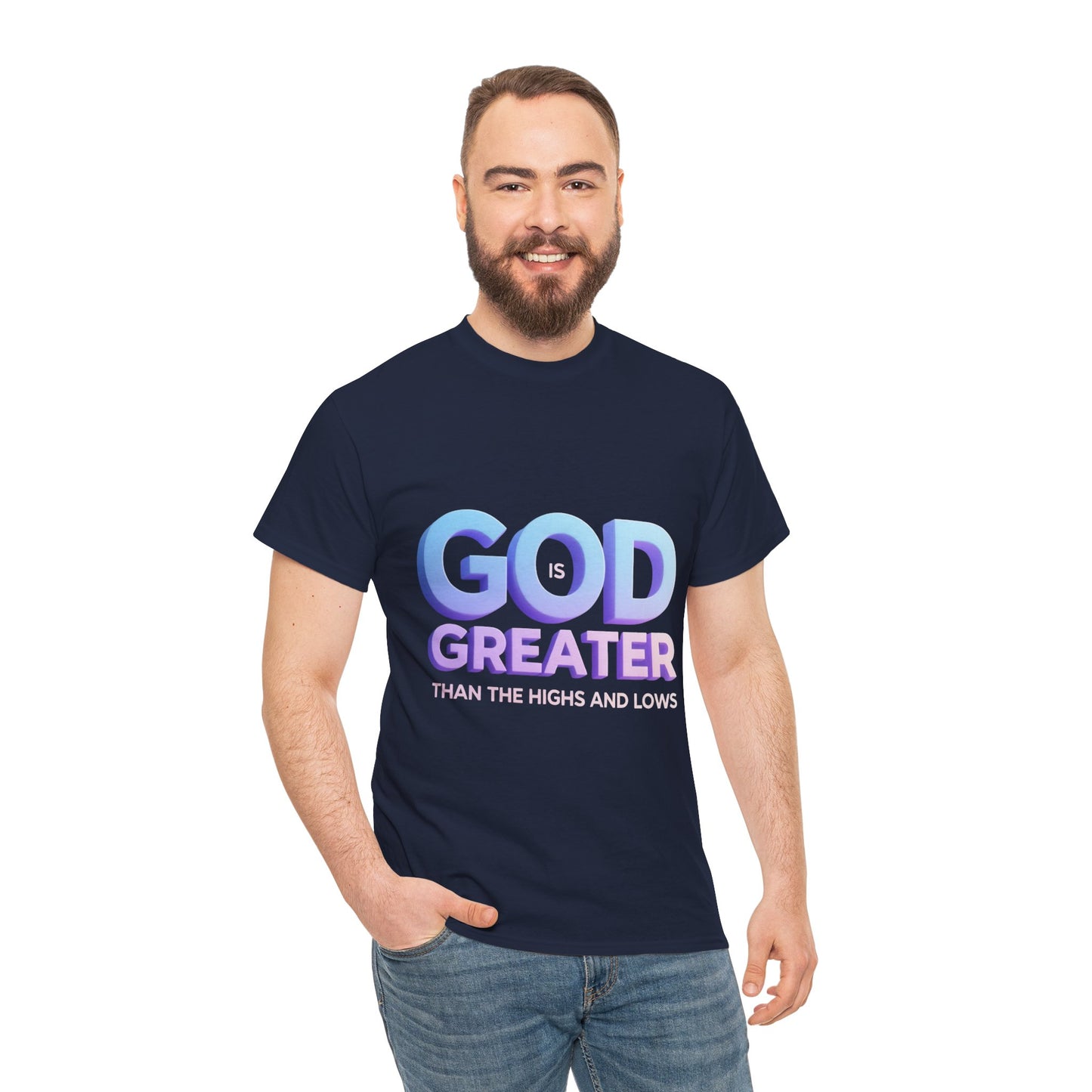 God Greater Gradient Tee — Soft Blue & Lilac Faith Shirt