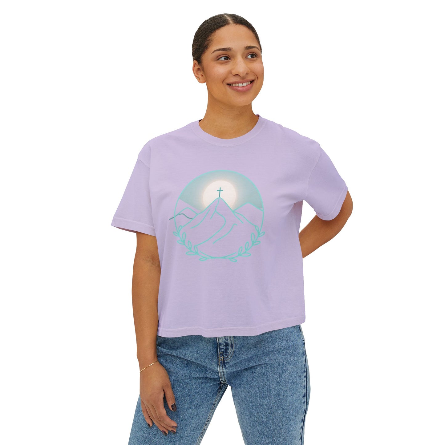 Women's Boxy Tee — Sunrise Mountain Line Art with Laurel (Calm, Faith-Inspired Vintage Tee)