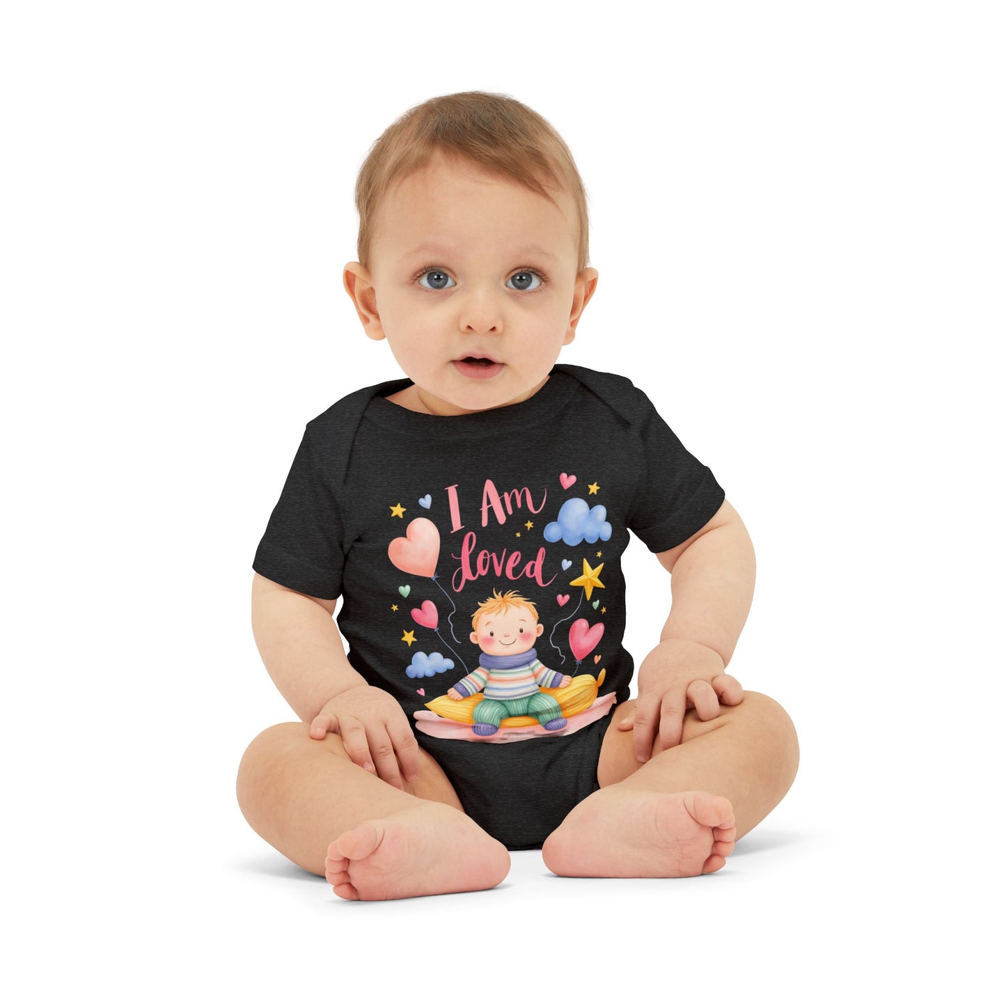 “I Am Loved” Baby Onesie – Cute Infant Bodysuit with Heart & Cloud Illustration