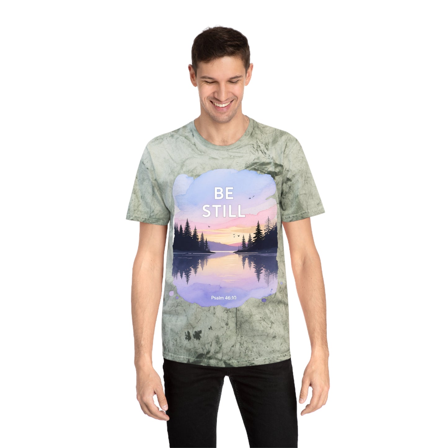 Be Still Scenic T-Shirt — Psalm 46:10 Sunset Lake Tee
