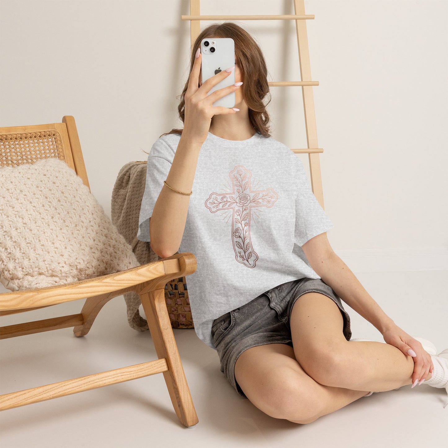 Floral Cross Tee – Delicate Pink Botanical Christian T-Shirt