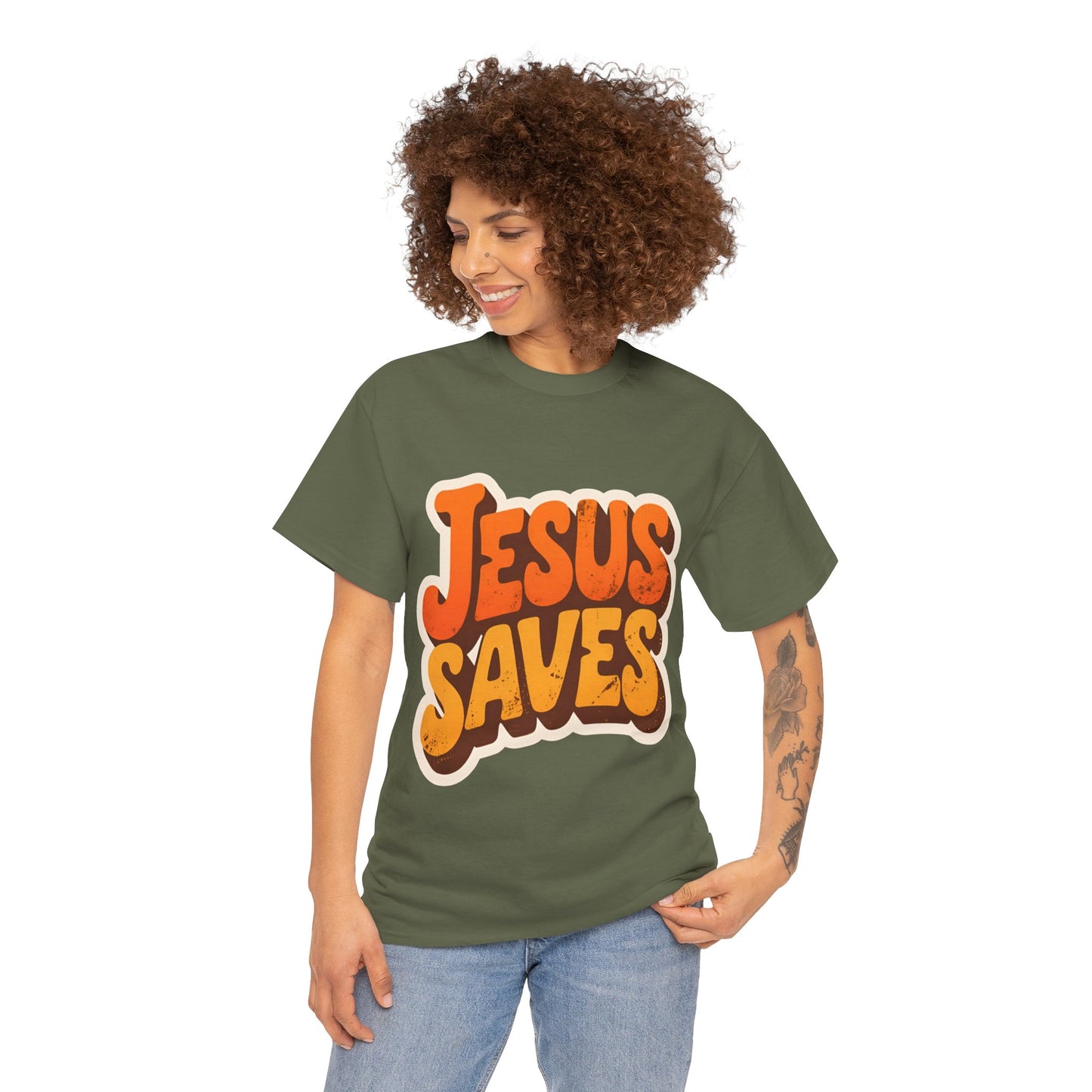 Jesus Saves Retro Tee — Bright Sunset Faith T-Shirt