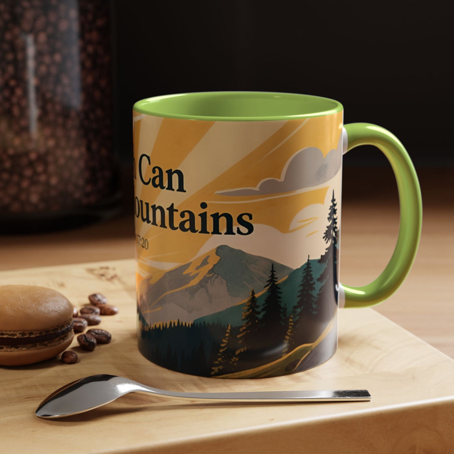 Faith Can Move Mountains Coffee Mug — Matthew 17:20 Inspirational Accent Mug