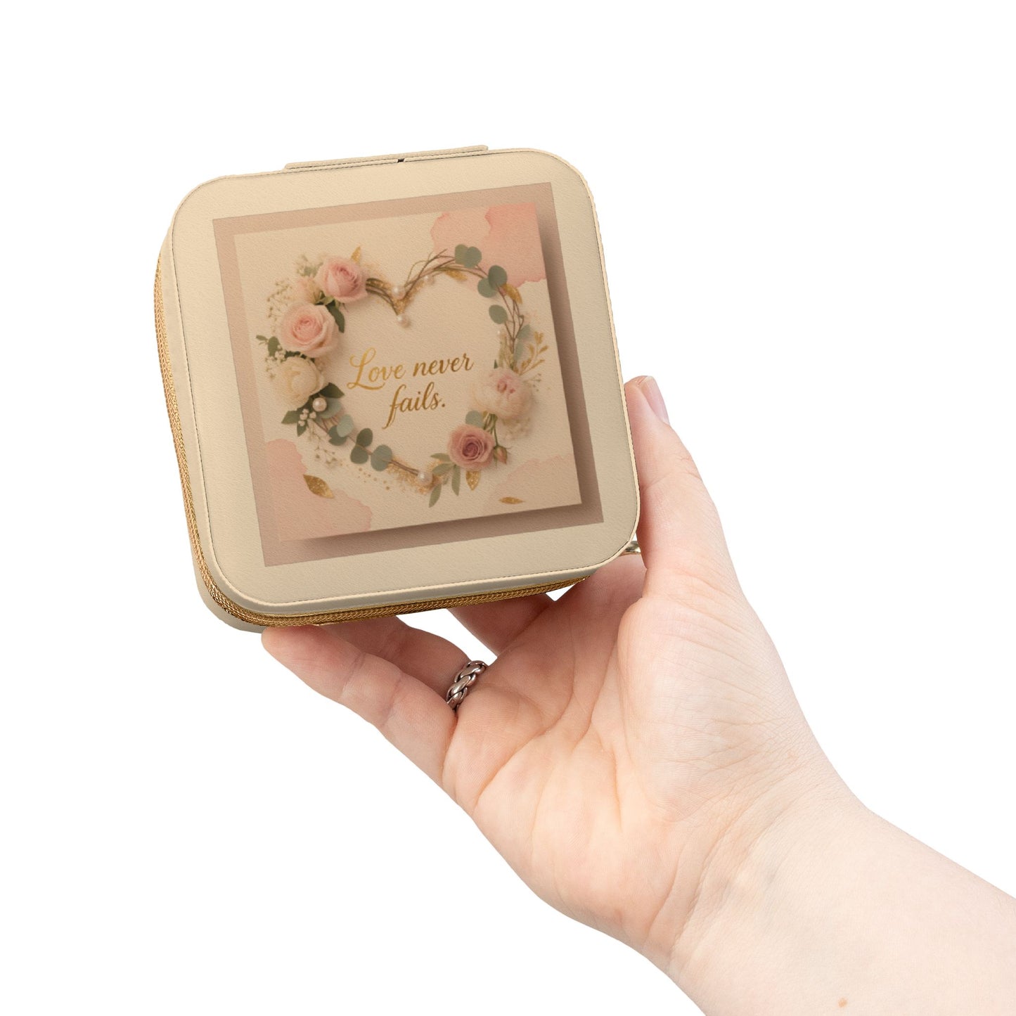 Portable Jewelry Travel Case - Pink Floral 'Love Never Fails' Organizer