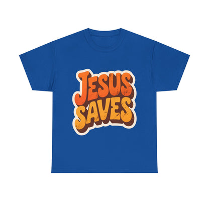 Jesus Saves Retro Tee — Bright Sunset Faith T-Shirt