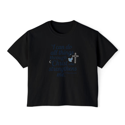 Christian Graphic Boxy Tee — "I Can Do All Things Through Christ" Inspirational Women’s T‑Shirt