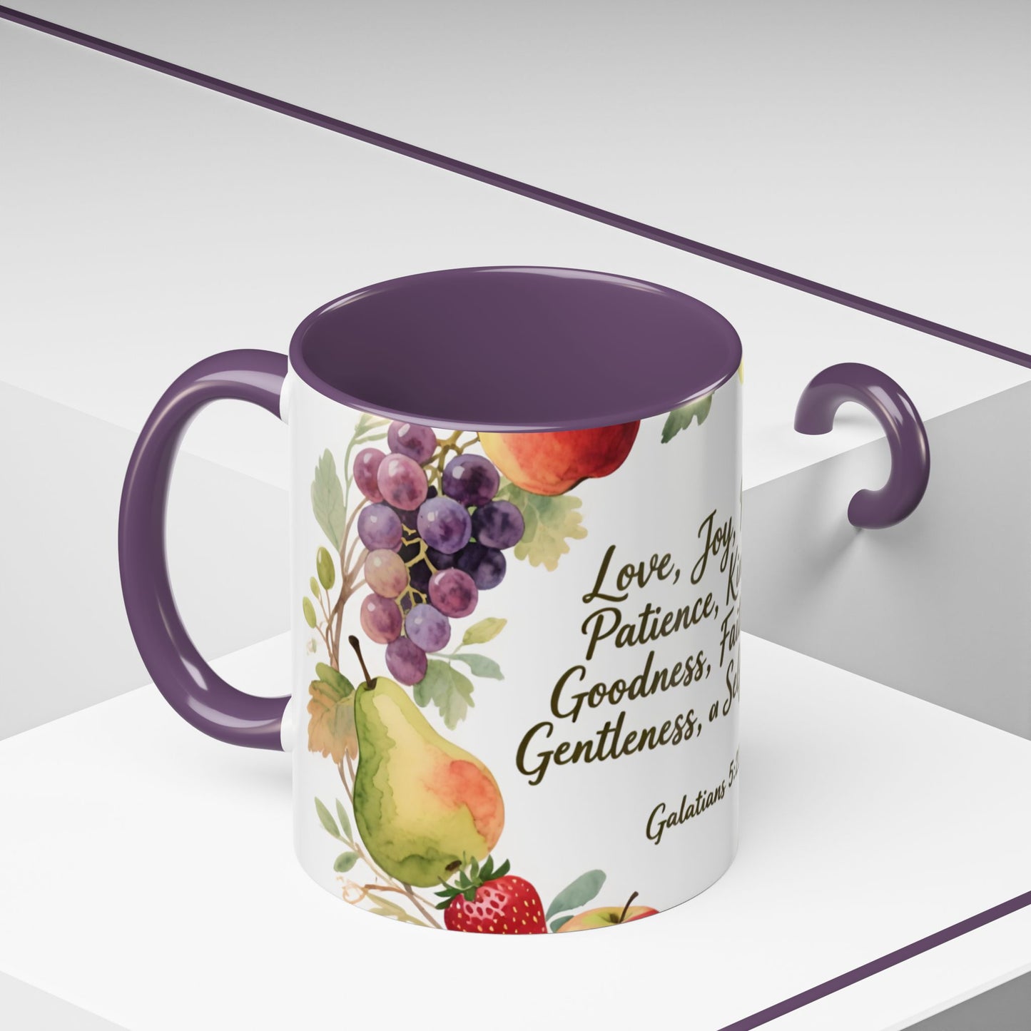 Christian Fruit of the Spirit Accent Coffee Mug — Galatians 5:22-23 Floral Scripture Design (11/15oz)