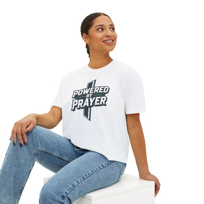 Powered by Prayer Boxy Tee — Women's Christian Graphic Shirt