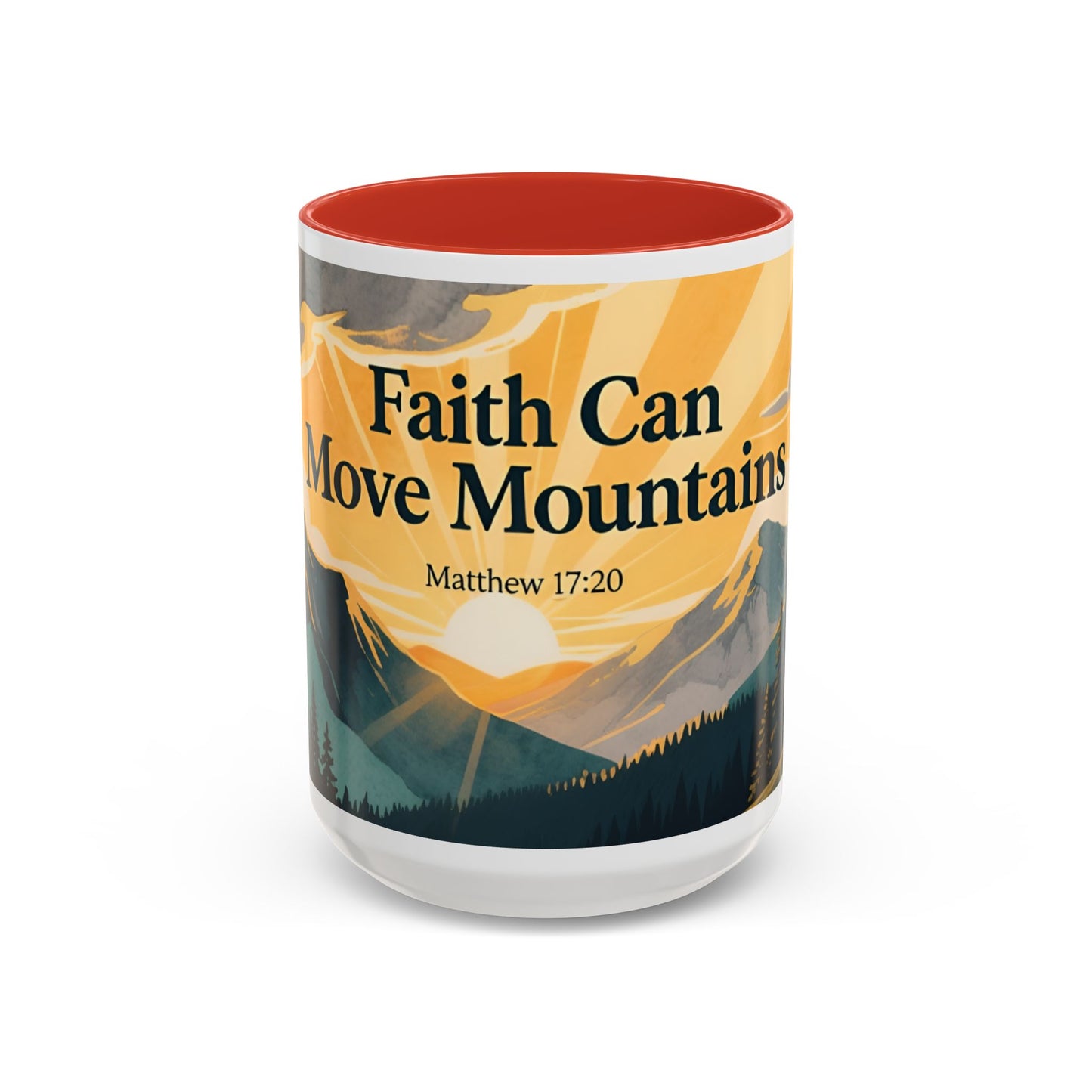 Faith Can Move Mountains Coffee Mug — Matthew 17:20 Inspirational Accent Mug