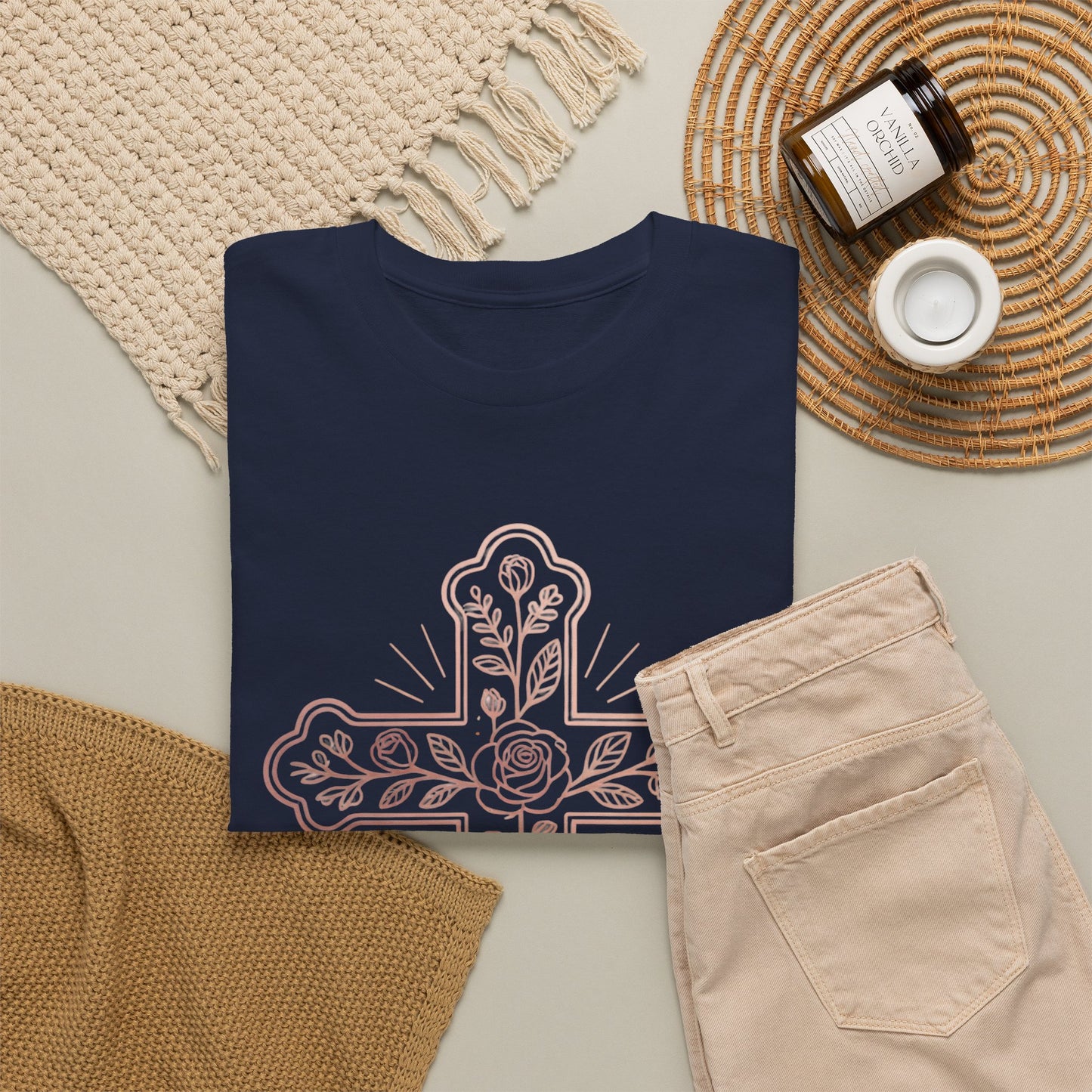 Floral Cross Tee – Delicate Pink Botanical Christian T-Shirt