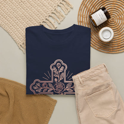 Floral Cross Tee – Delicate Pink Botanical Christian T-Shirt