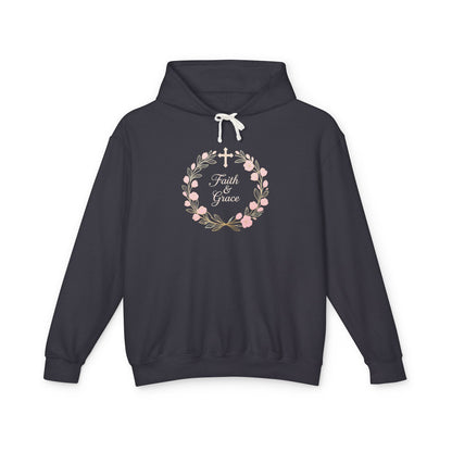 Faith & Grace Blush Rose Hoodie — Lightweight Floral Cross Pullover