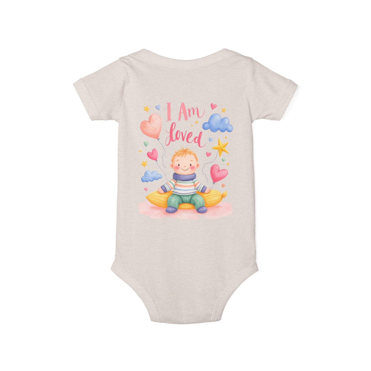 “I Am Loved” Baby Onesie – Cute Infant Bodysuit with Heart & Cloud Illustration
