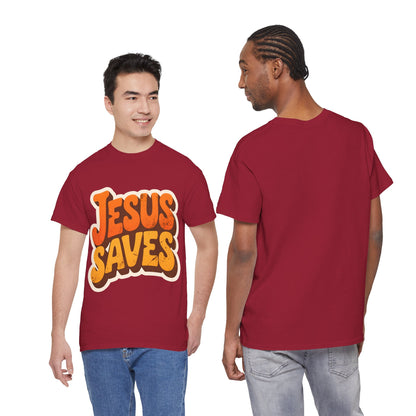 Jesus Saves Retro Tee — Bright Sunset Faith T-Shirt