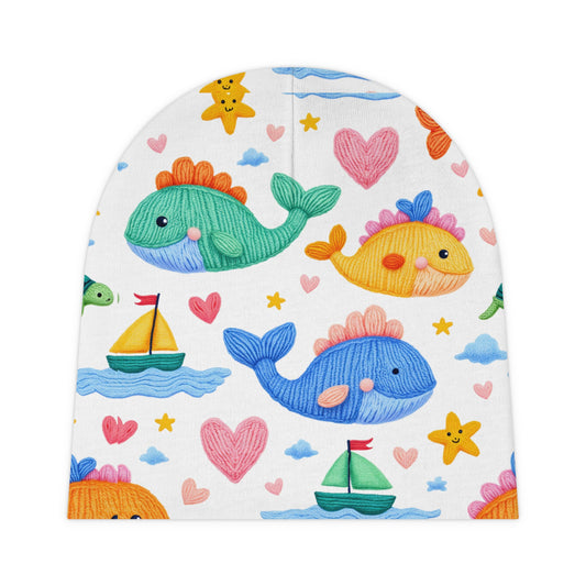 Cute Whale Baby Beanie – Colorful Nautical Infant Hat with Hearts & Sailboats
