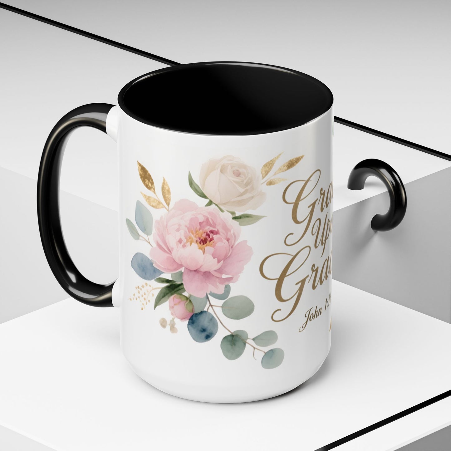 Grace Upon Grace Floral Coffee Mug — John 1:16 Scripture Accent Mug