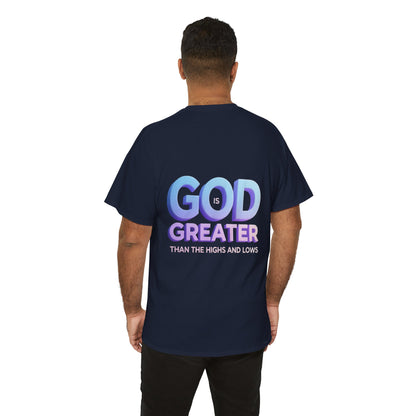 God Greater Gradient Tee — Soft Blue & Lilac Faith Shirt