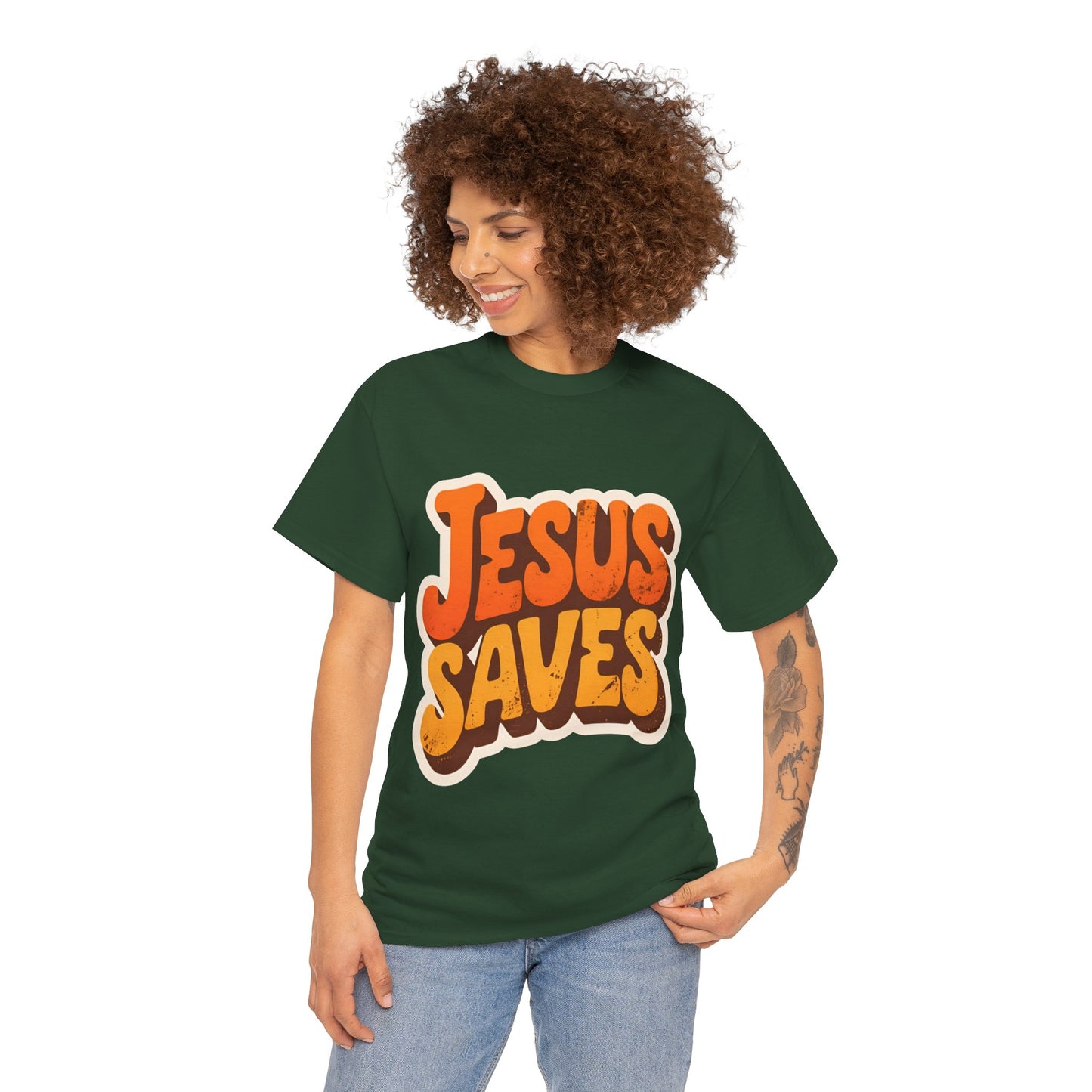 Jesus Saves Retro Tee — Bright Sunset Faith T-Shirt