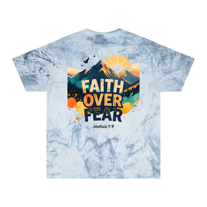 Faith Over Fear Color-Blast T-Shirt — Joshua 1:9 Retro Sunrise