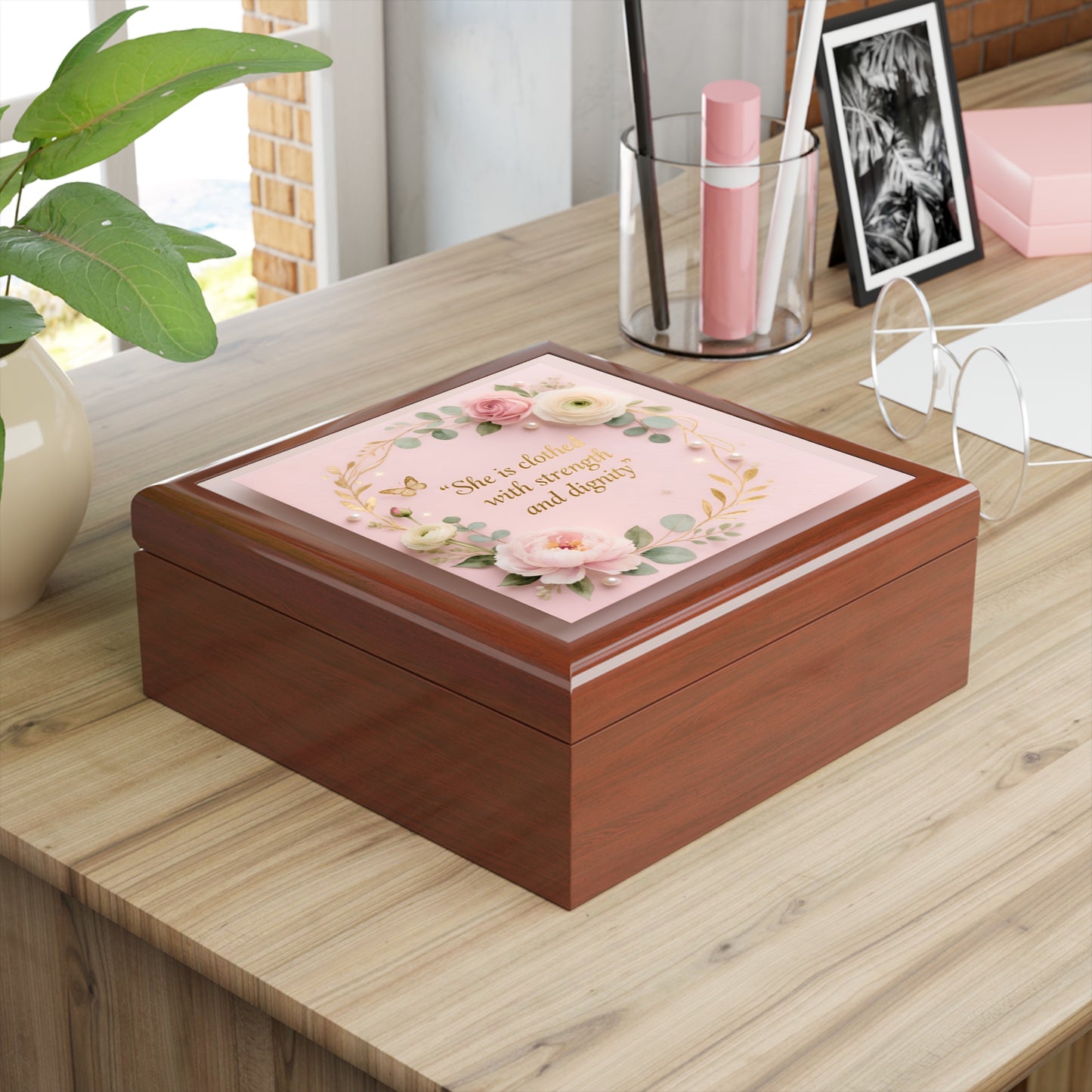 Jewelry Box - Floral Pink Keepsake with Quote “She is clothed with strength and dignity”