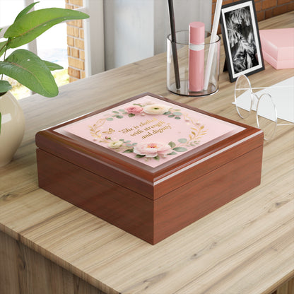 Jewelry Box - Floral Pink Keepsake with Quote “She is clothed with strength and dignity”