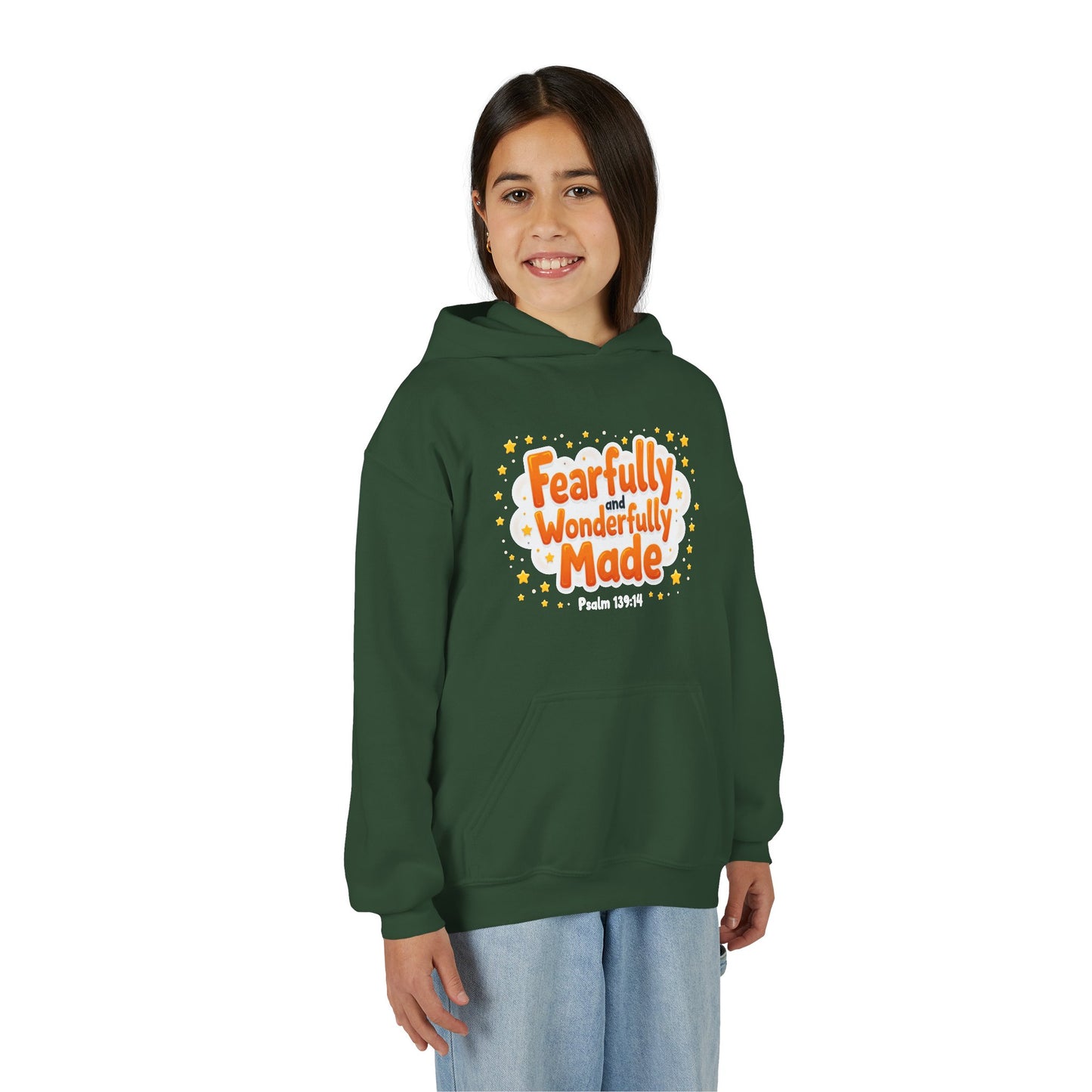 Youth Hoodie — "Fearfully & Wonderfully Made" Christian Kids Sweatshirt (Psalm 139:14)