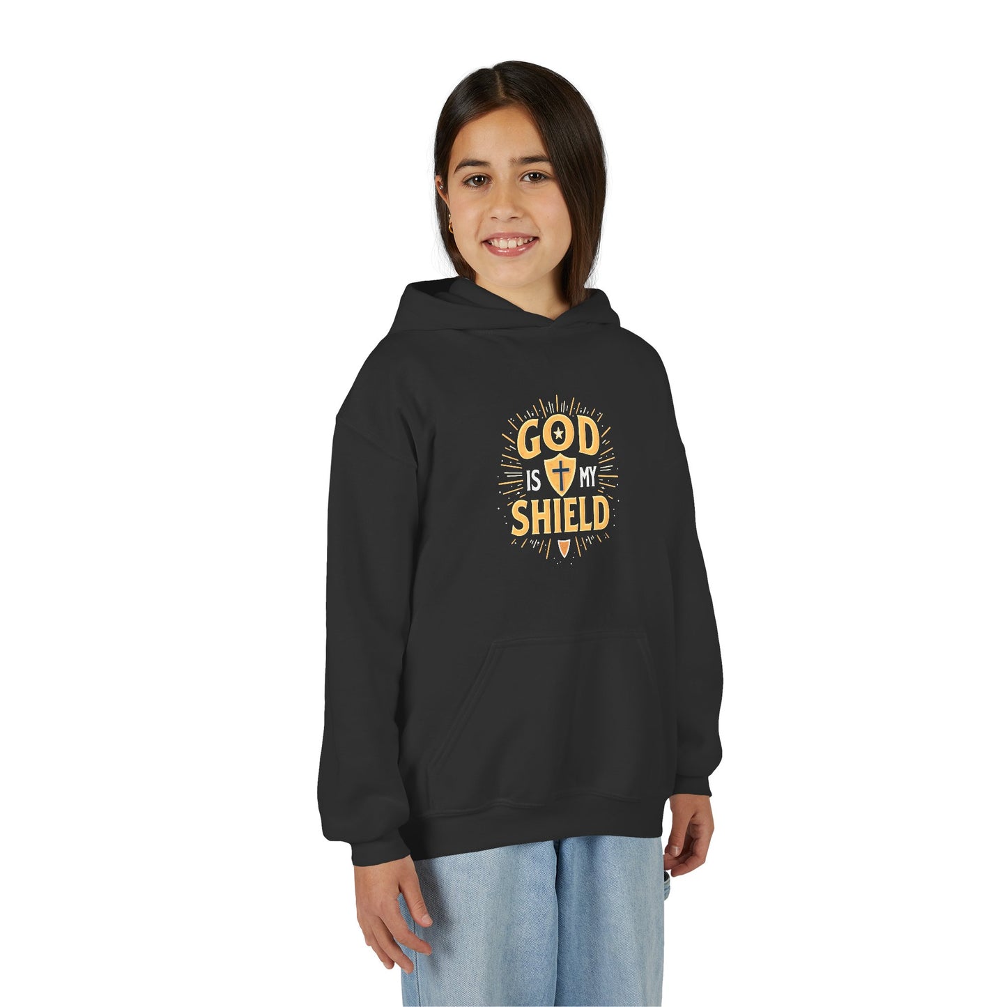 Youth Hoodie — "God Shield" Faith Graphic Pullover