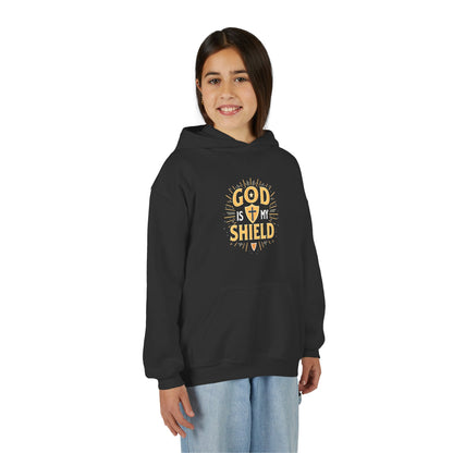 Youth Hoodie — "God Shield" Faith Graphic Pullover