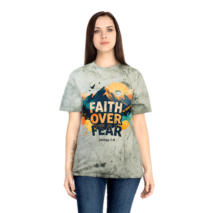 Faith Over Fear Color-Blast T-Shirt — Joshua 1:9 Retro Sunrise