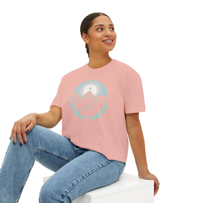 Women's Boxy Tee — Sunrise Mountain Line Art with Laurel (Calm, Faith-Inspired Vintage Tee)