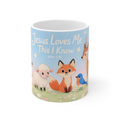 Jesus Loves Me 11oz Mug — Watercolor Animals Nursery Faith Coffee Cup