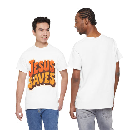 Jesus Saves Retro Tee — Bright Sunset Faith T-Shirt