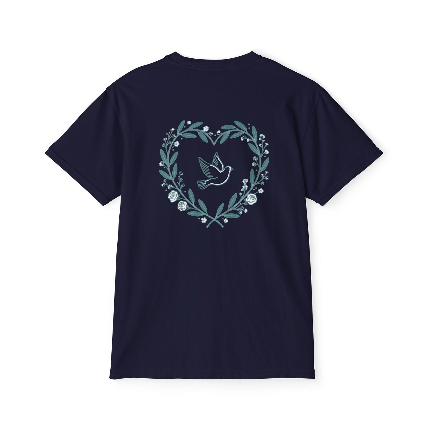 Pocket T-Shirt — Peace Dove Heart Back Graphic