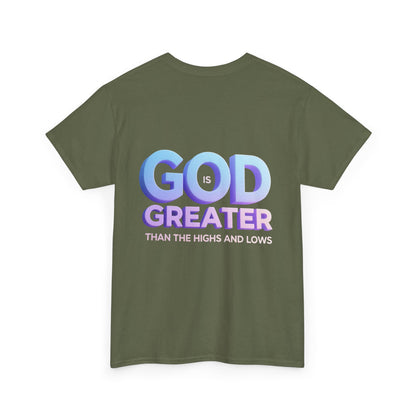 God Greater Gradient Tee — Soft Blue & Lilac Faith Shirt