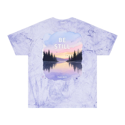 Be Still Scenic T-Shirt — Psalm 46:10 Sunset Lake Tee