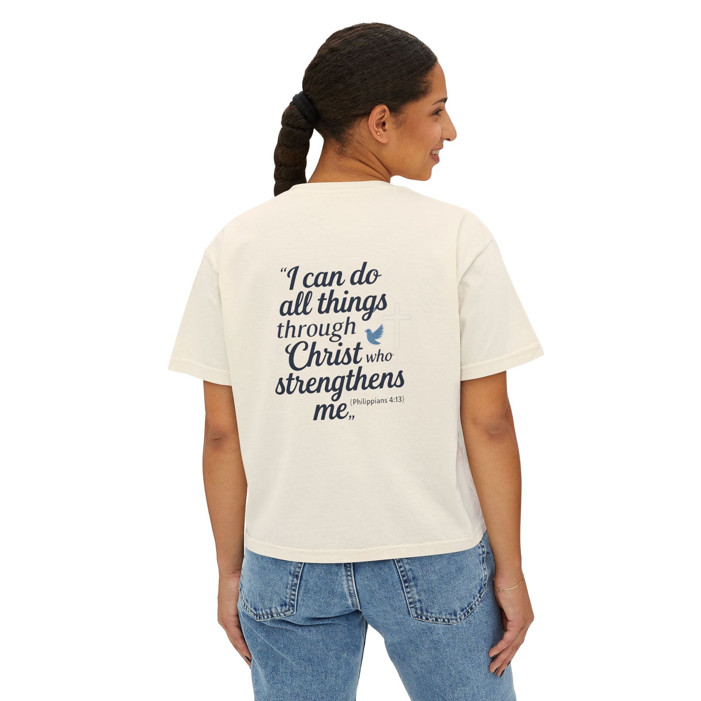 Christian Graphic Boxy Tee — "I Can Do All Things Through Christ" Inspirational Women’s T‑Shirt