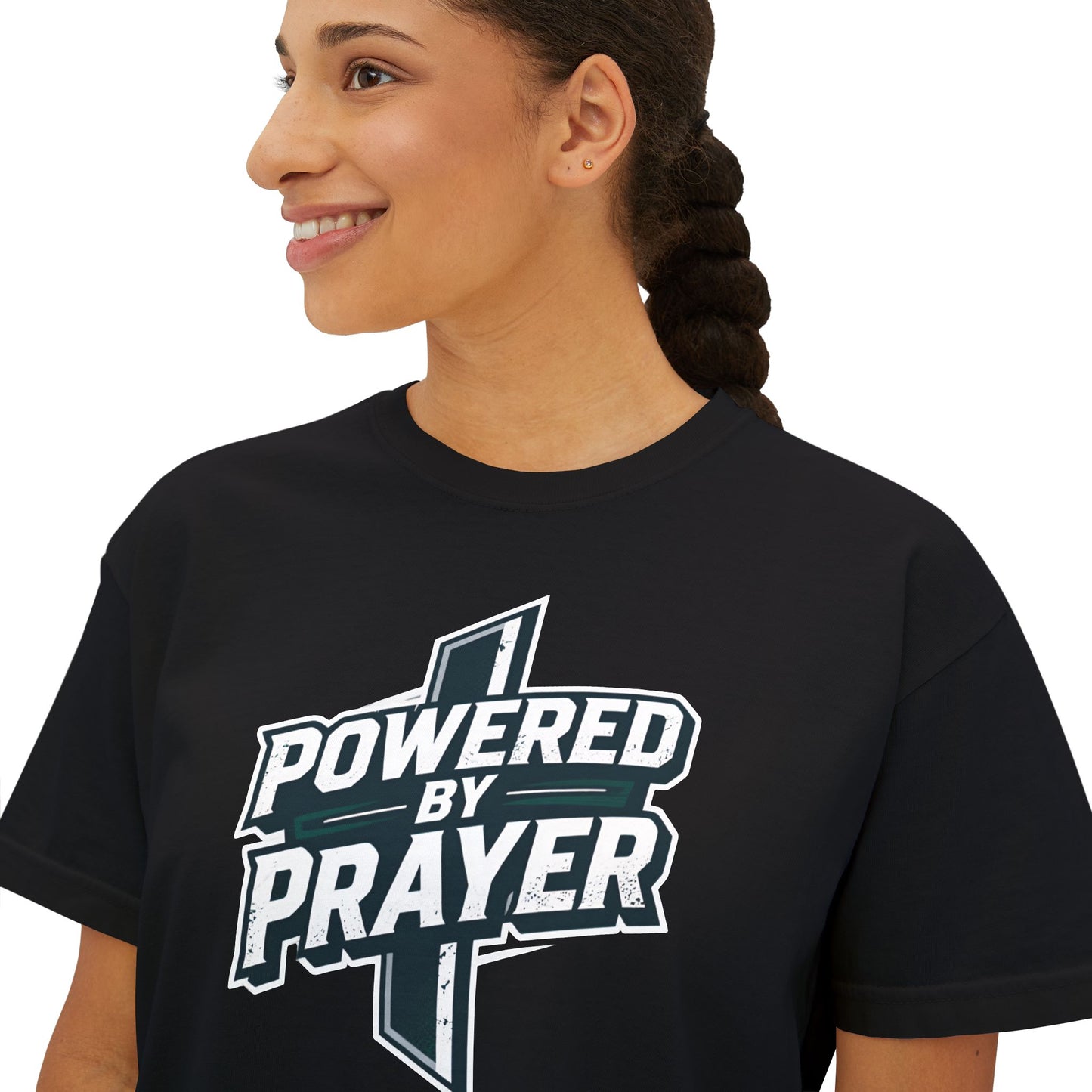 Powered by Prayer Boxy Tee — Women's Christian Graphic Shirt