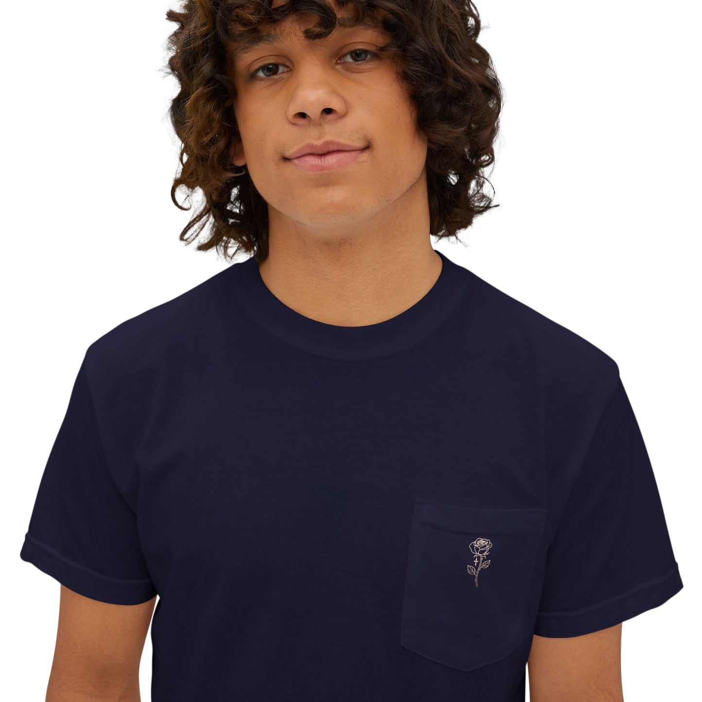 Garment-Dyed Pocket Tee — Rose Line-Art Back Design