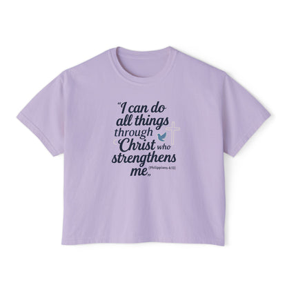 Christian Graphic Boxy Tee — "I Can Do All Things Through Christ" Inspirational Women’s T‑Shirt