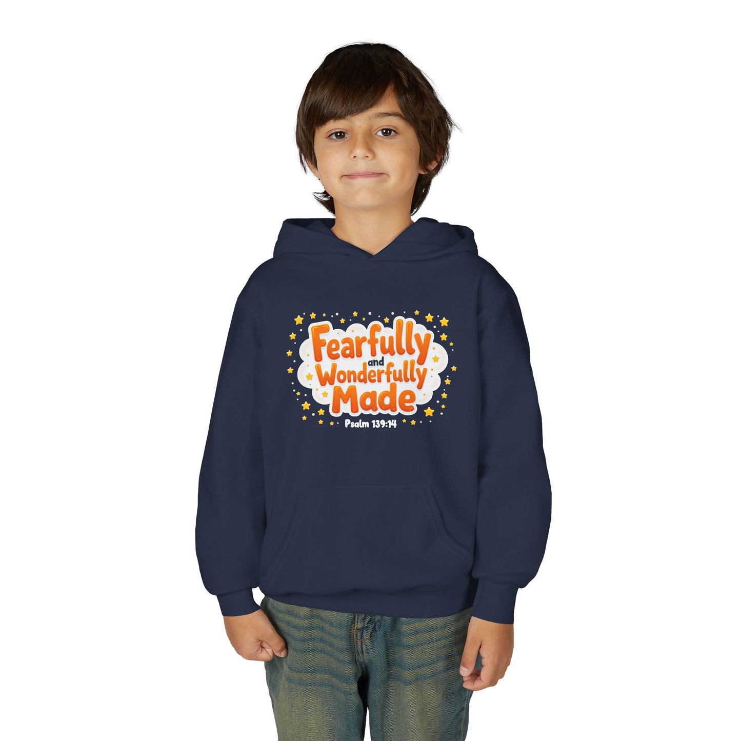 Youth Hoodie — "Fearfully & Wonderfully Made" Christian Kids Sweatshirt (Psalm 139:14)