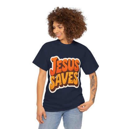 Jesus Saves Retro Tee — Bright Sunset Faith T-Shirt