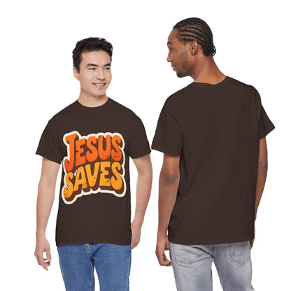 Jesus Saves Retro Tee — Bright Sunset Faith T-Shirt