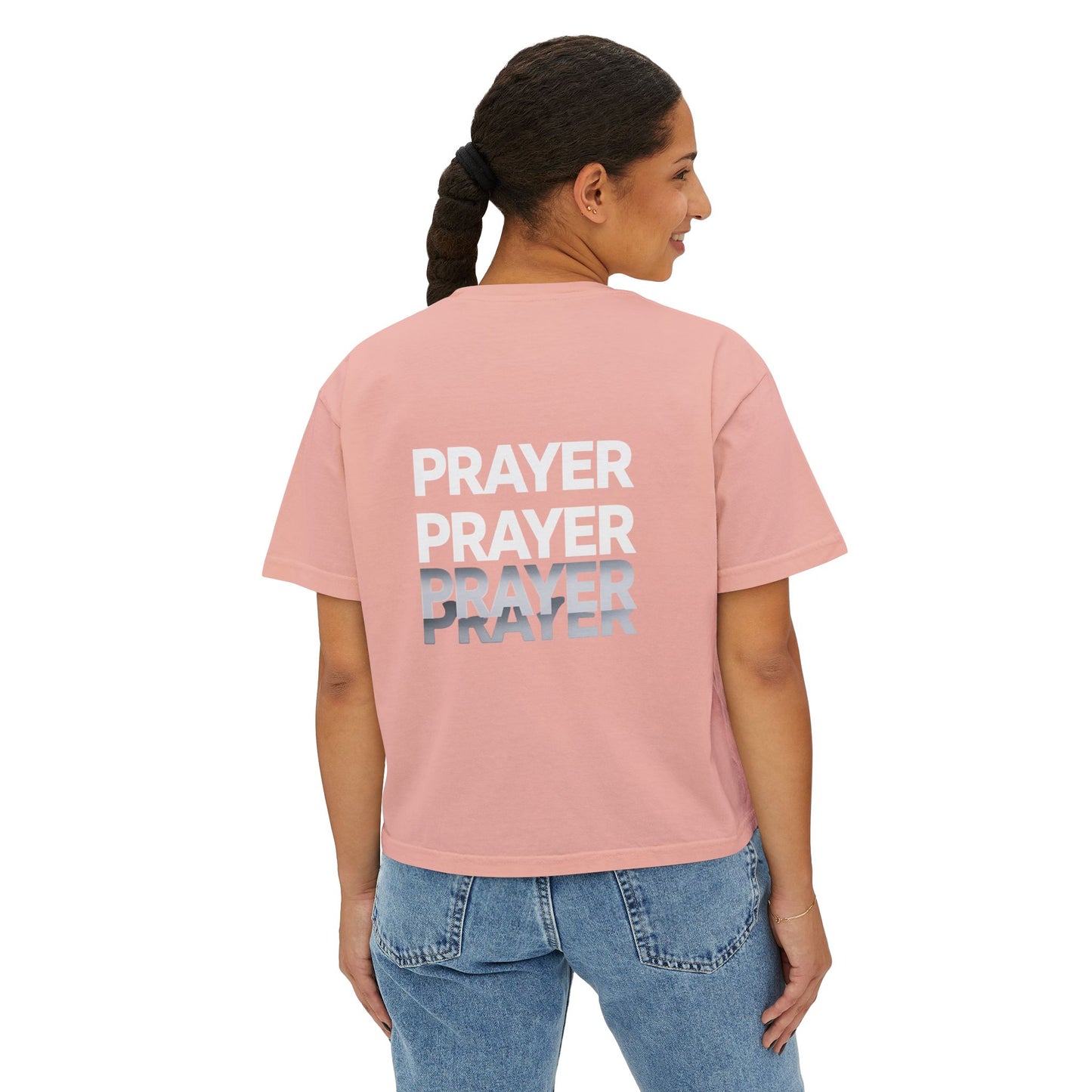 Prayer Boxy Tee — Women's Spiritual Graphic Top (Prayer Repeated Design)