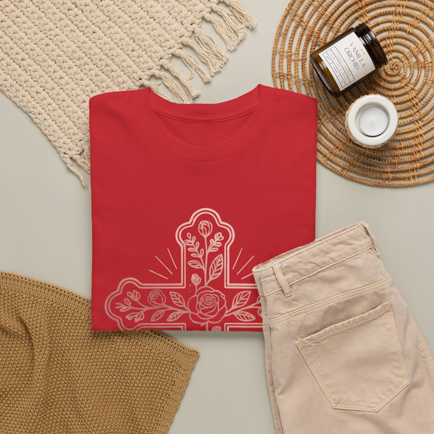 Floral Cross Tee – Delicate Pink Botanical Christian T-Shirt