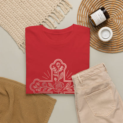 Floral Cross Tee – Delicate Pink Botanical Christian T-Shirt