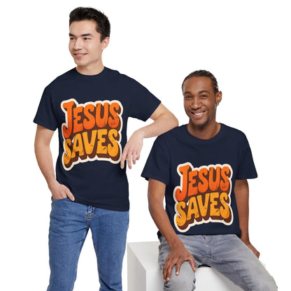 Jesus Saves Retro Tee — Bright Sunset Faith T-Shirt