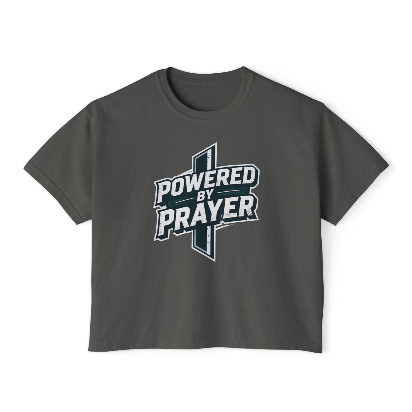 Powered by Prayer Boxy Tee — Women's Christian Graphic Shirt