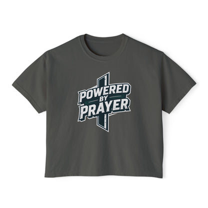 Powered by Prayer Boxy Tee — Women's Christian Graphic Shirt