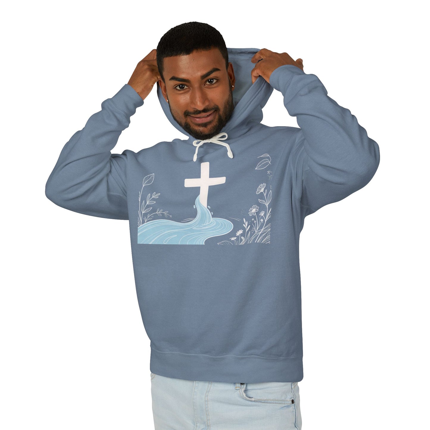 Lightweight Faith Hoodie — Subtle Cross & Stream Design